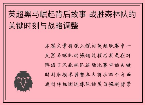 英超黑马崛起背后故事 战胜森林队的关键时刻与战略调整