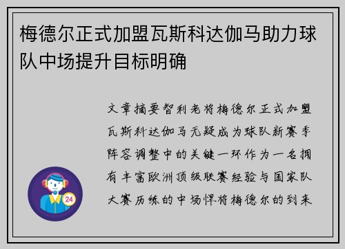 梅德尔正式加盟瓦斯科达伽马助力球队中场提升目标明确