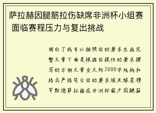 萨拉赫因腿筋拉伤缺席非洲杯小组赛 面临赛程压力与复出挑战