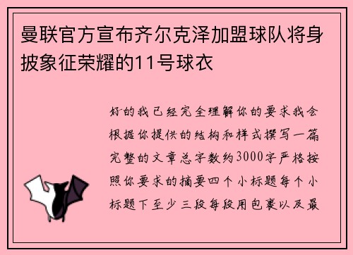曼联官方宣布齐尔克泽加盟球队将身披象征荣耀的11号球衣